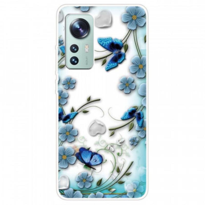 Cover Xiaomi 12 / 12X Blå Blomster Og Sommerfugle