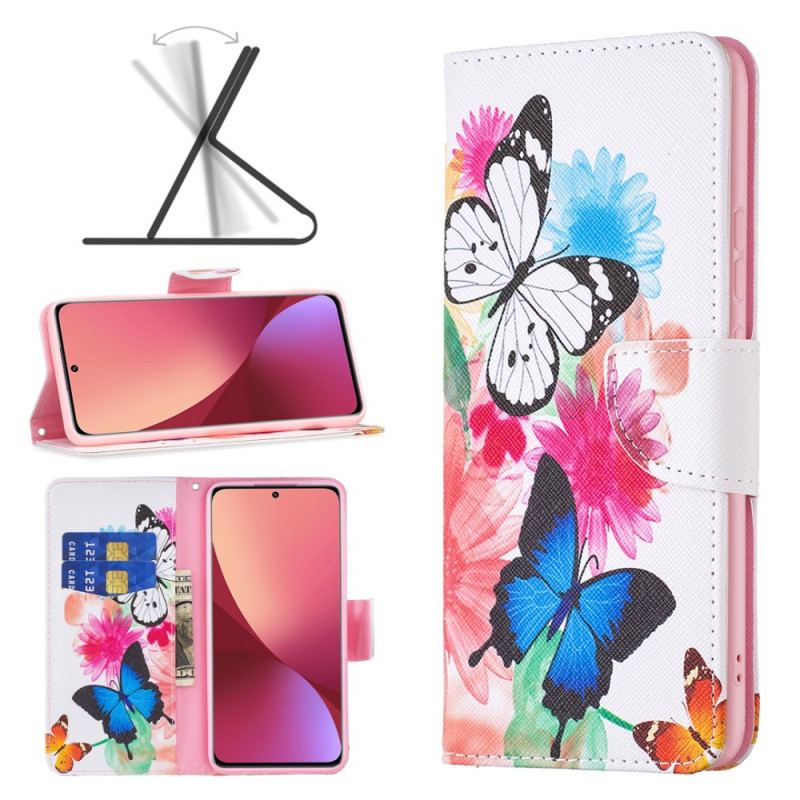 Flip Cover Xiaomi 12 / 12X Malede Sommerfugle Og Blomster