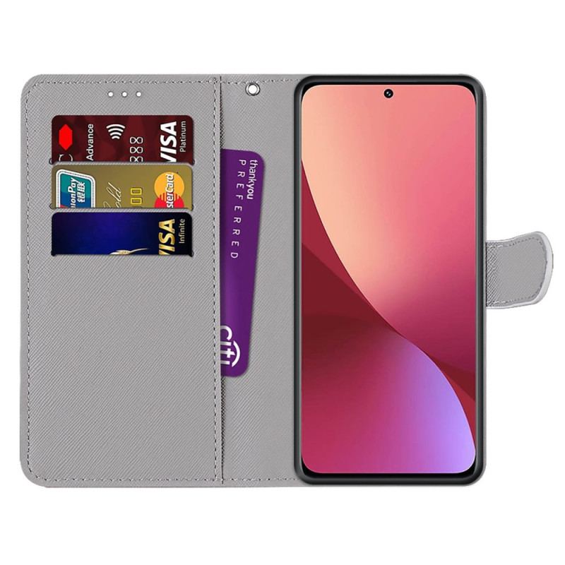 Flip Cover Xiaomi 12 / 12X Med Snor Gyldne Sommerfugle Med Rem