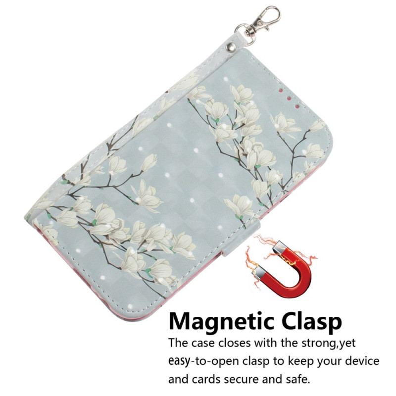 Flip Cover Xiaomi 12 / 12X Med Snor Strappy Hvide Blomster