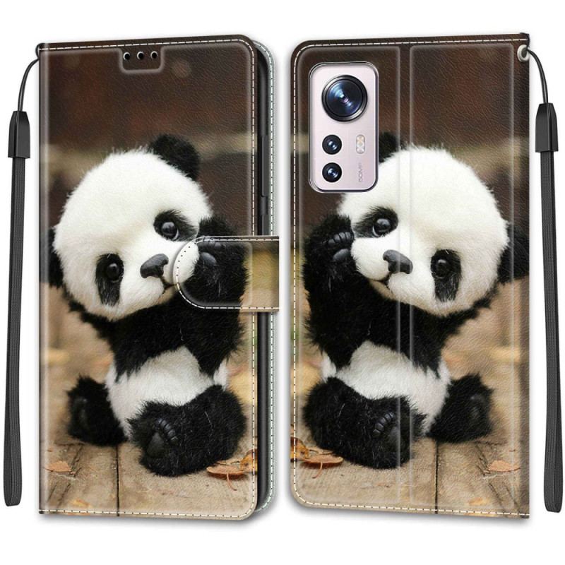 Læder Cover Xiaomi 12 / 12X Med Snor Lille Panda Med Rem