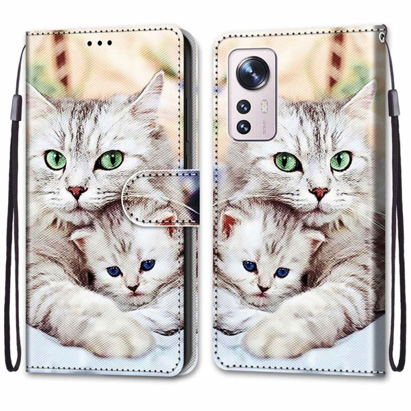 Læder Cover Xiaomi 12 / 12X Med Snor Strappy Cat Familie