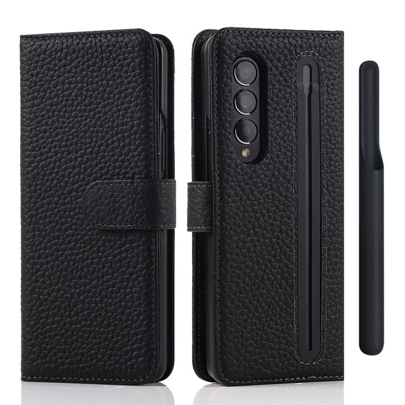 Flip Cover Samsung Galaxy Z Fold 3 5G Penholder I Ægte Litchi-læder