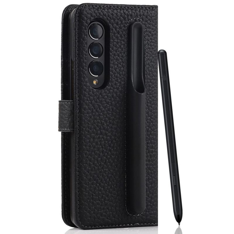 Flip Cover Samsung Galaxy Z Fold 3 5G Penholder I Ægte Litchi-læder