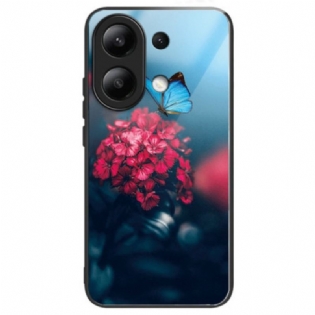 Cover Til Xiaomi Redmi Note 13 4g Hærdet Glas Røde Blomster Og Sommerfugle