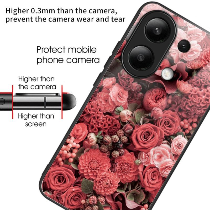 Cover Xiaomi Redmi Note 13 4g Røde Blomster Af Hærdet Glas