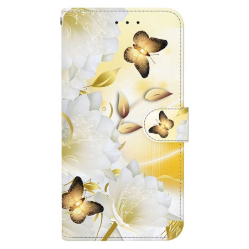 Flip Cover Til Xiaomi Redmi Note 13 4g Gyldne Sommerfugle Og Hvide Blomster Med Rem