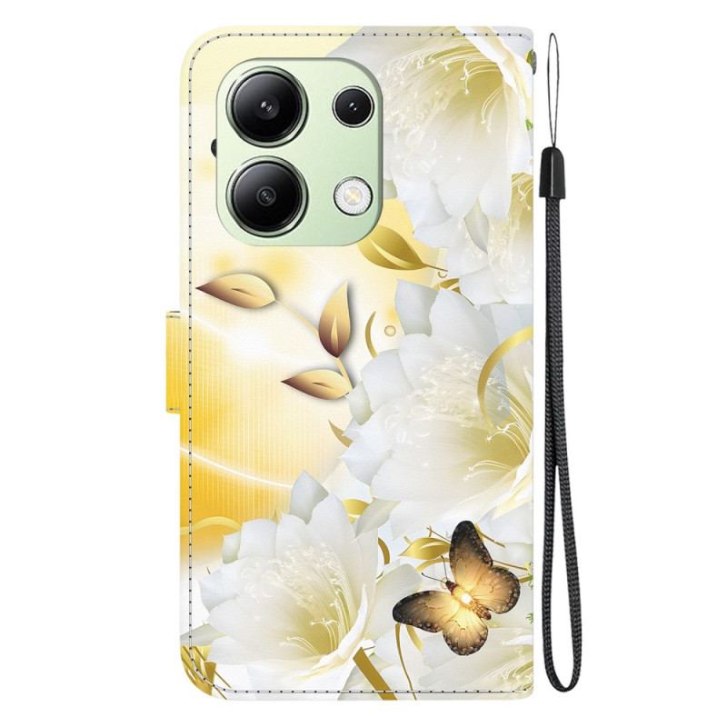 Flip Cover Til Xiaomi Redmi Note 13 4g Gyldne Sommerfugle Og Hvide Blomster Med Rem