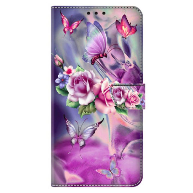 Flip Cover Til Xiaomi Redmi Note 13 4g Sommerfugle Og Violette Blomster