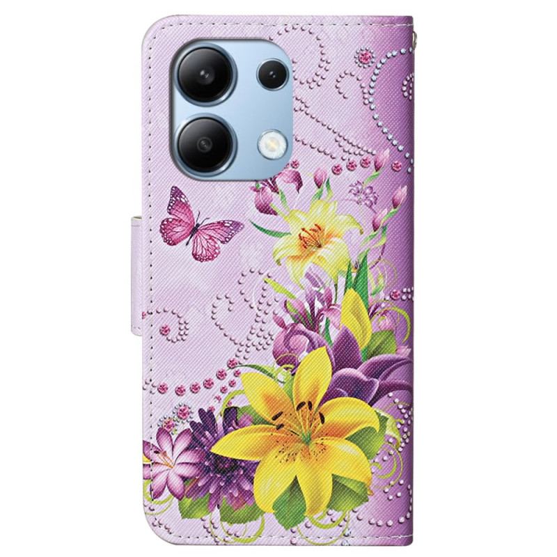 Flip Cover Xiaomi Redmi Note 13 4g Blomster Og Sommerfugle Mønster Med Rem