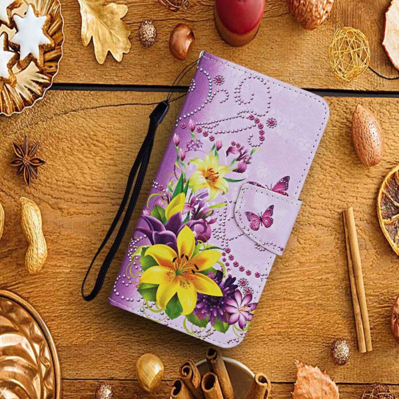 Flip Cover Xiaomi Redmi Note 13 4g Blomster Og Sommerfugle Mønster Med Rem