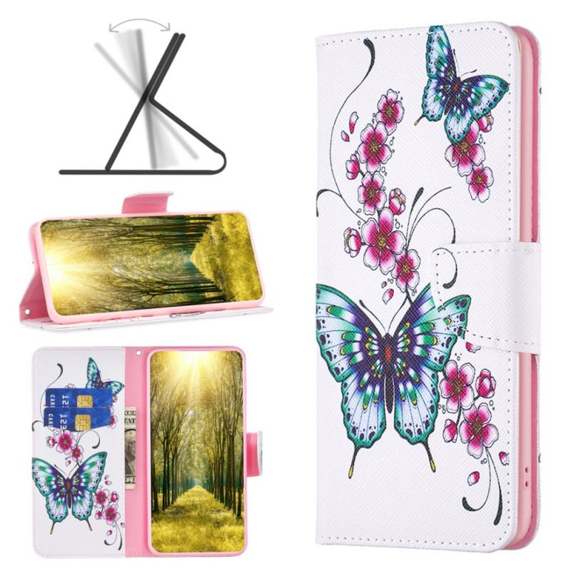 Flip Cover Xiaomi Redmi Note 13 4g Ferskenblomster Og Sommerfugle