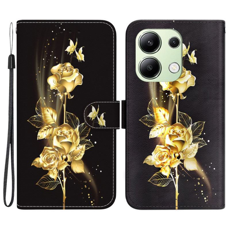 Flip Cover Xiaomi Redmi Note 13 4g Guld Sommerfugle Og Rose Med Rem