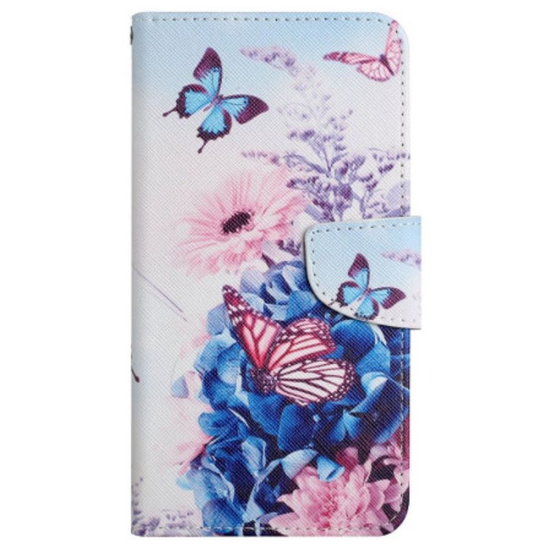 Flip Cover Xiaomi Redmi Note 13 4g Lilla Sommerfugle Med Rem