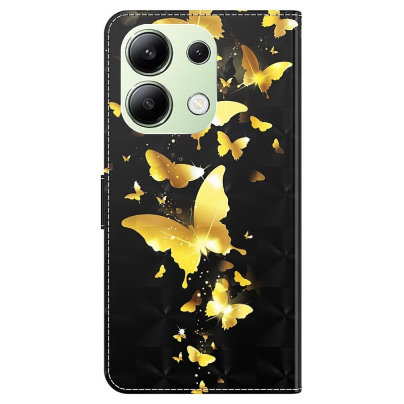 Læder Cover Xiaomi Redmi Note 13 4g Telefon Etui Gyldne Sommerfugle Med Rem