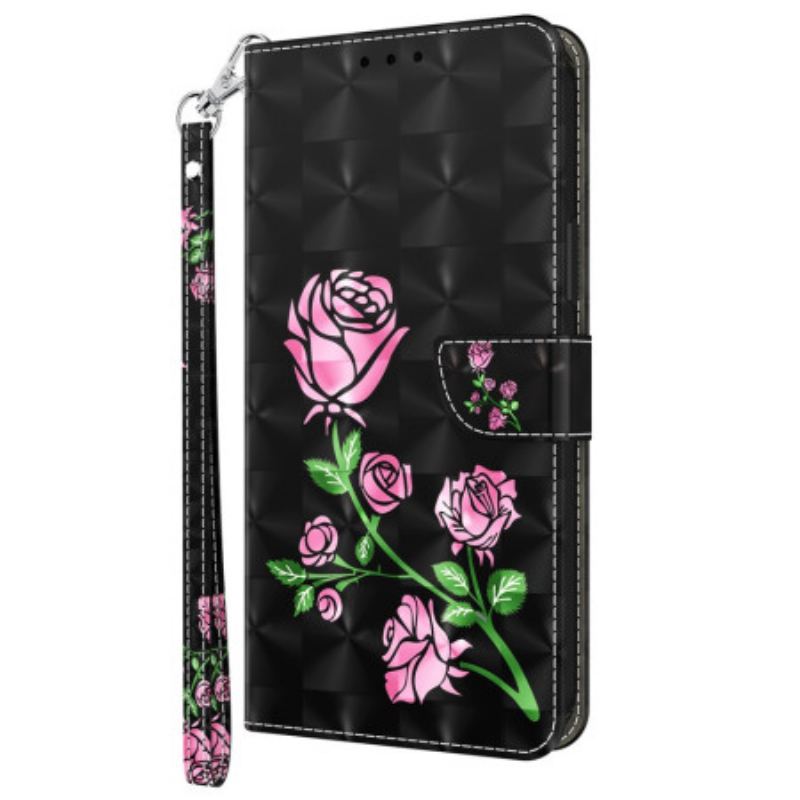 Læder Cover Xiaomi Redmi Note 13 4g Telefon Etui Lyserøde Blomster Med Rem