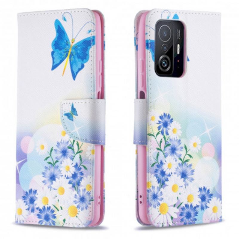 Flip Cover Xiaomi 11T / 11T Pro Malede Sommerfugle Og Blomster