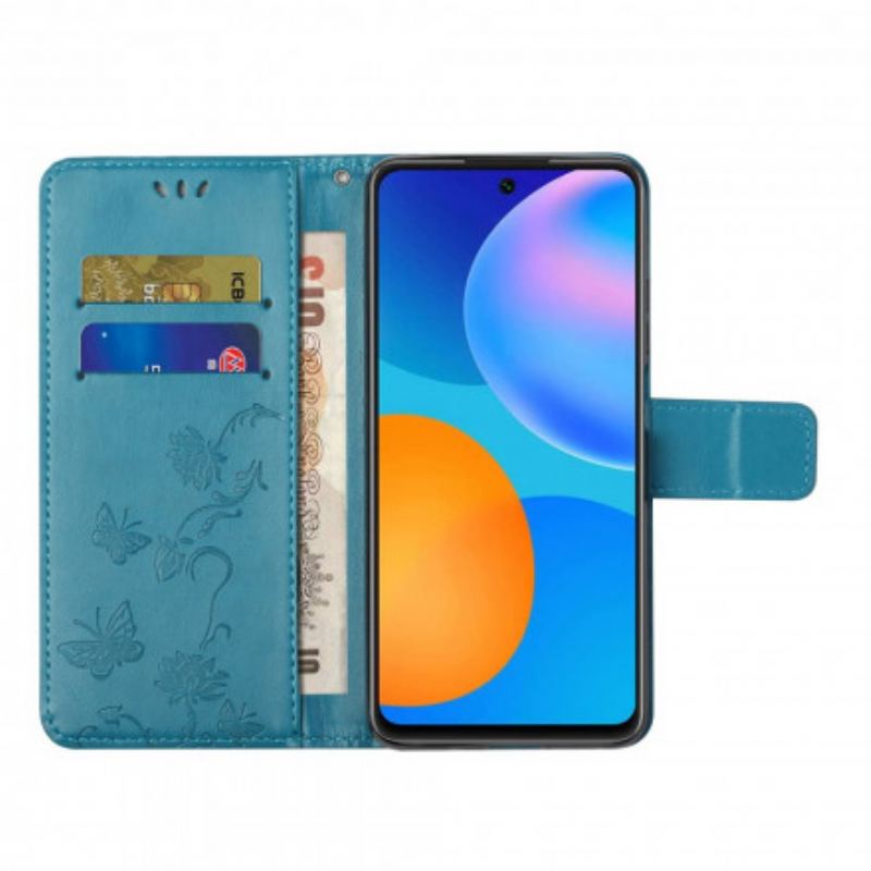 Flip Cover Xiaomi 11T / 11T Pro Med Snor Thong Sommerfugle Og Blomster