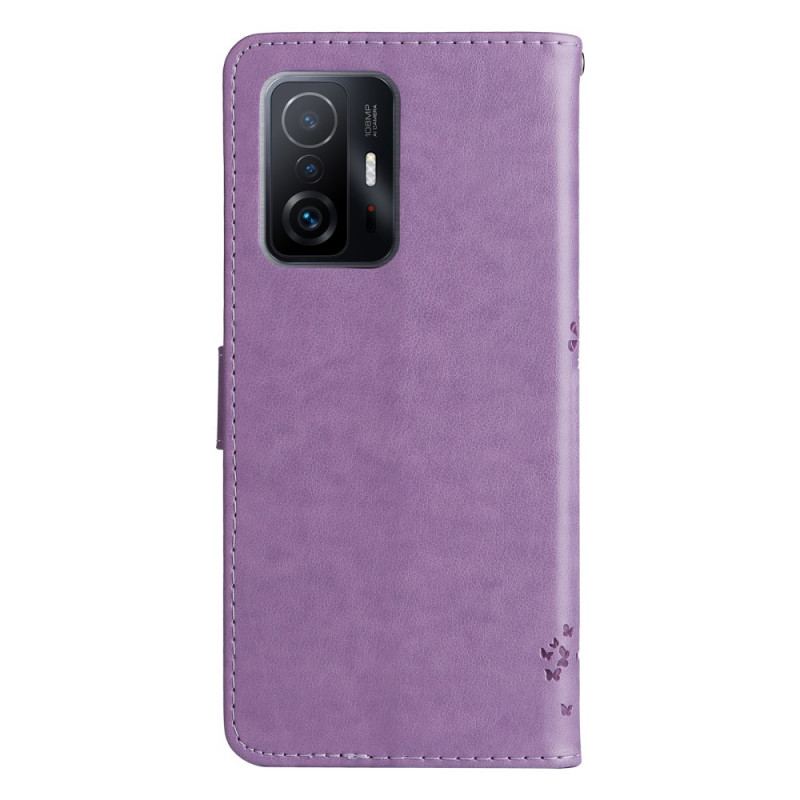 Flip Cover Xiaomi 11T / 11T Pro Med Snor Træ Og Strappy Kat