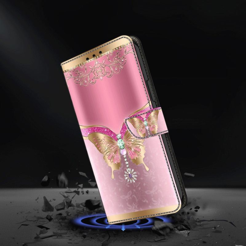 Flip Cover Xiaomi 14 Guld-pink Sommerfugl