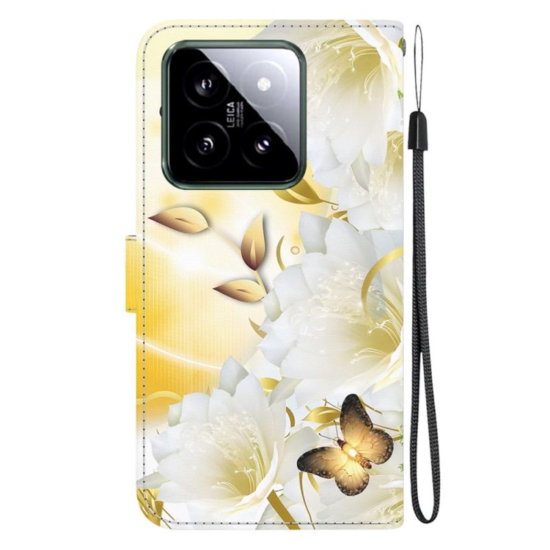 Flip Cover Xiaomi 14 Gyldne Sommerfugle Og Hvide Blomster Med Rem