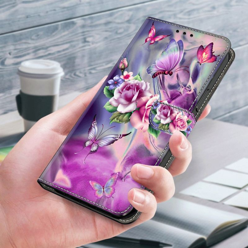 Læder Cover Xiaomi 14 Telefon Etui Lilla Sommerfugle Og Blomster