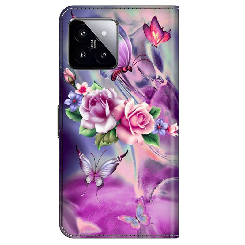 Læder Cover Xiaomi 14 Telefon Etui Lilla Sommerfugle Og Blomster