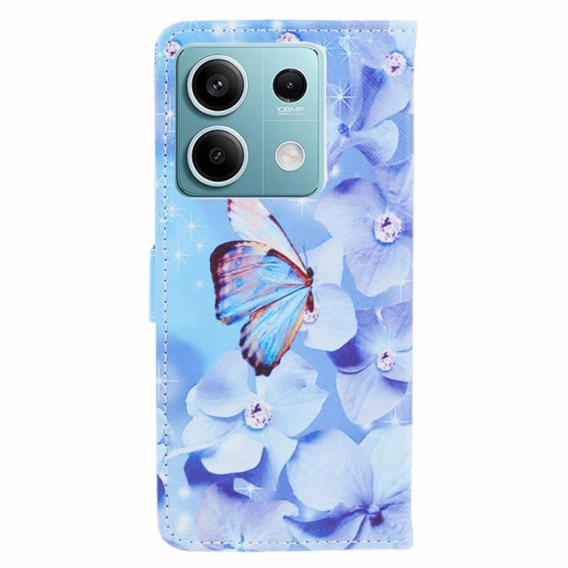 Flip Cover Til Xiaomi Redmi Note 13 Pro 5g Blå Blomster Og Sommerfugl Med Rem