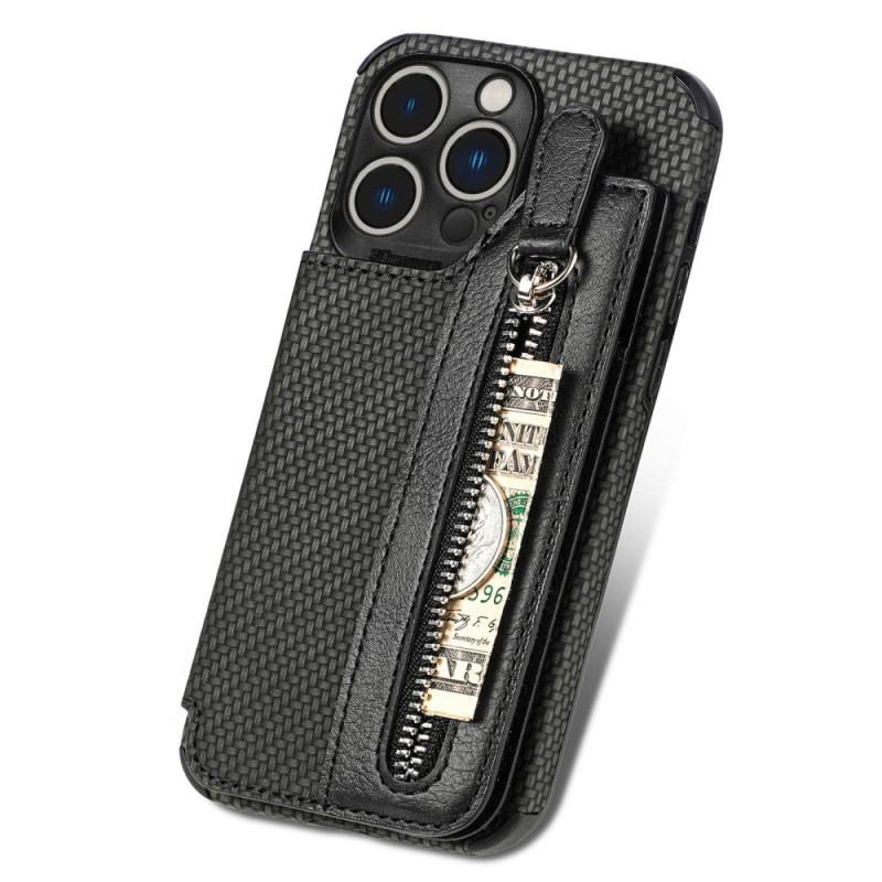 Cover iPhone 14 Pro Punge Etui Carbon Fiber Tegnebog Og Stativ