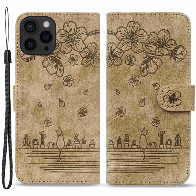Flip Cover iPhone 14 Pro Med Snor Strappy Cat Print