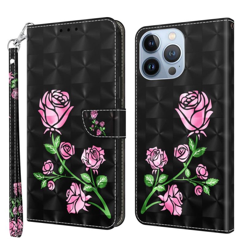 Læder Cover iPhone 14 Pro Med Snor Rem Roses