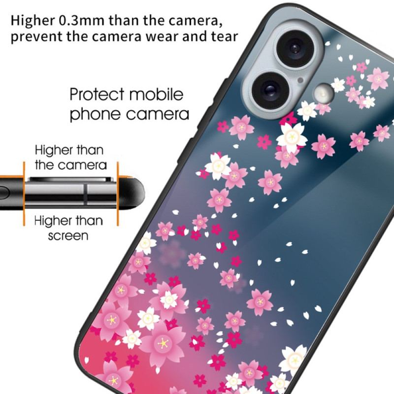 Cover iPhone 16 Plus Telefon Etui Lyserøde Blomster Af Hærdet Glas