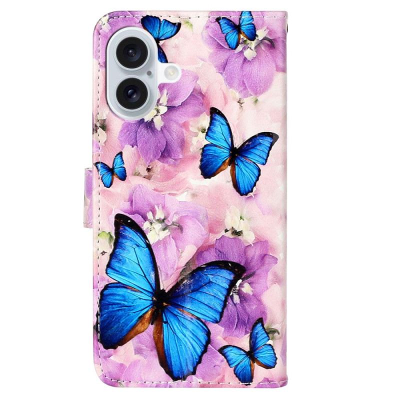 Flip Cover iPhone 16 Plus Sommerfugle Og Lilla Blomster Med Rem