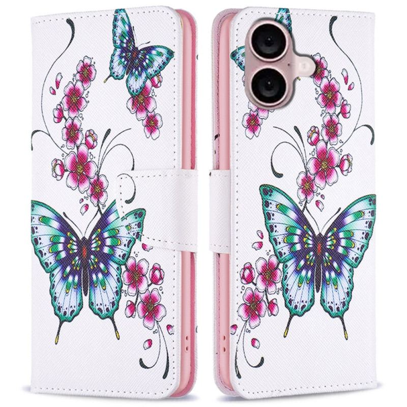 Flip Cover Til iPhone 16 Plus Blomster Og Sommerfugle