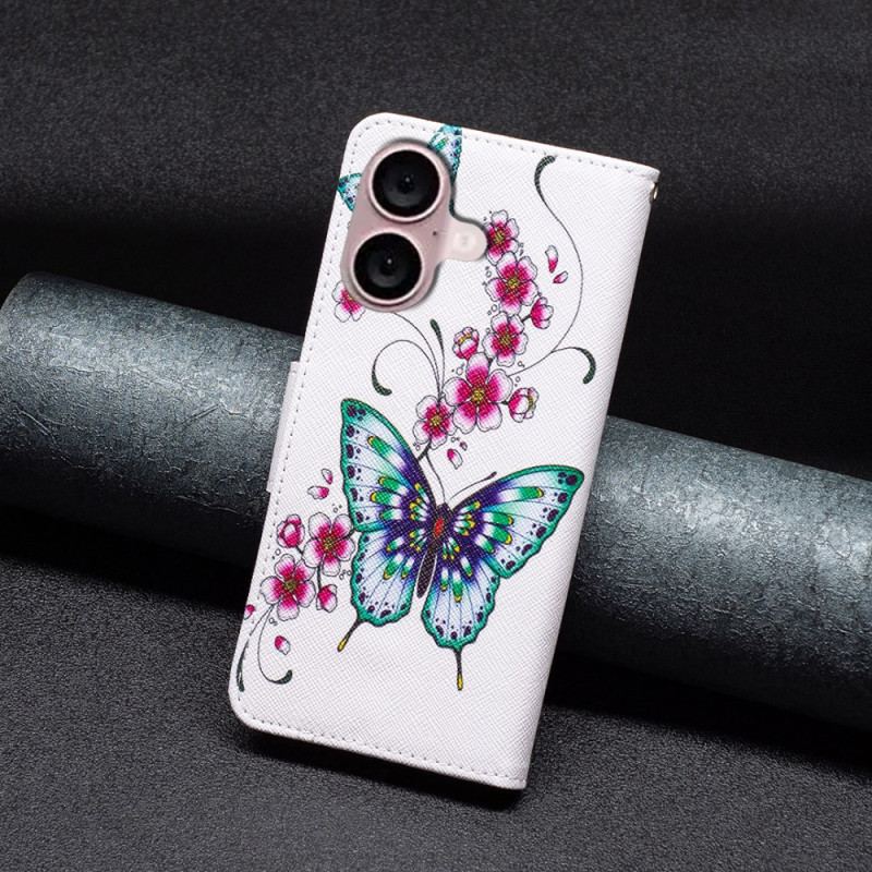 Flip Cover Til iPhone 16 Plus Blomster Og Sommerfugle