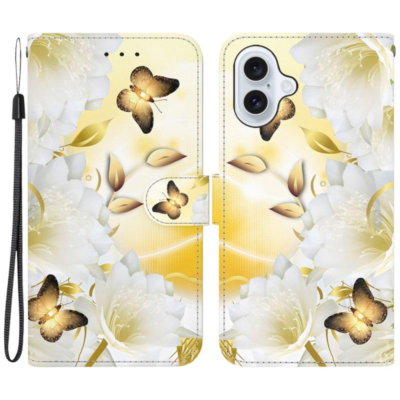 Læder Cover iPhone 16 Plus Gyldne Sommerfugle Og Hvide Blomster Med Rem