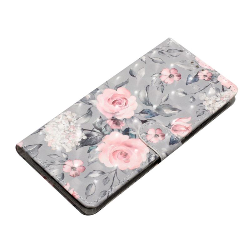 Læder Cover iPhone 16 Plus Lyserøde Blomster Med Rem