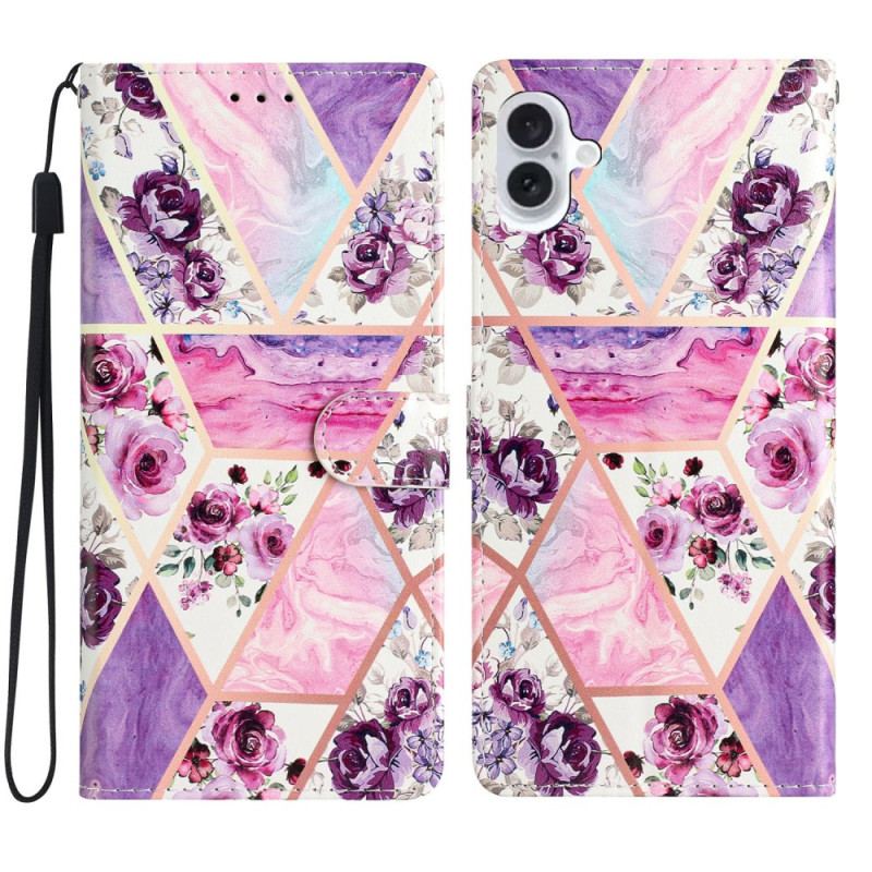 Læder Cover iPhone 16 Plus Telefon Etui Marmor Lilla Blomster Med Rem