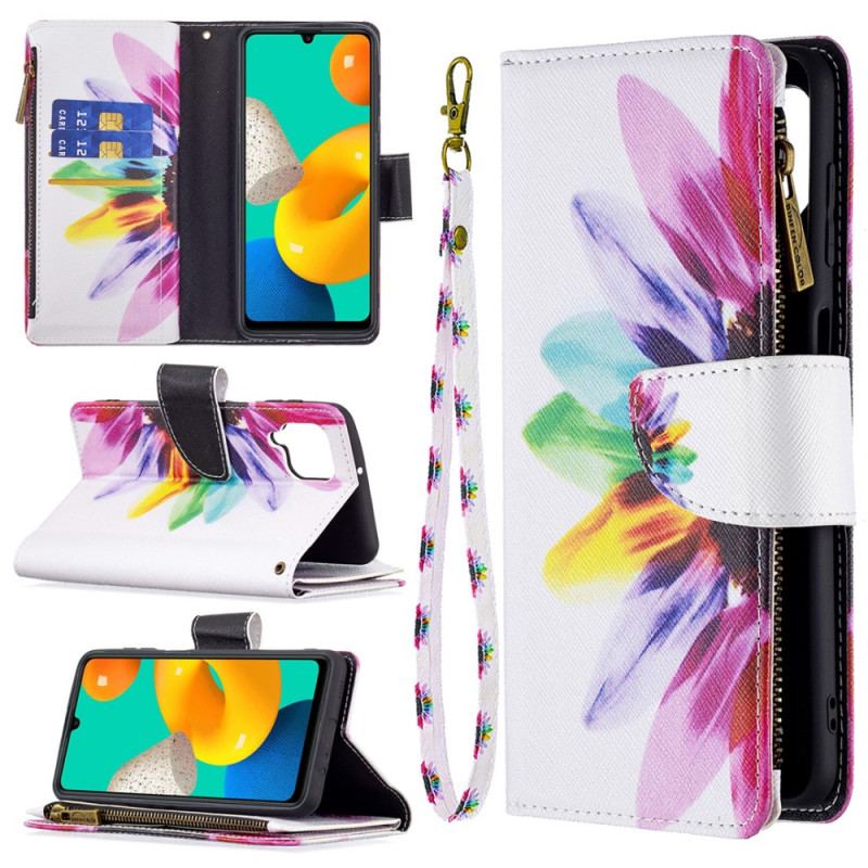 Flip Cover Samsung Galaxy M32 Blomsterlomme Med Lynlås