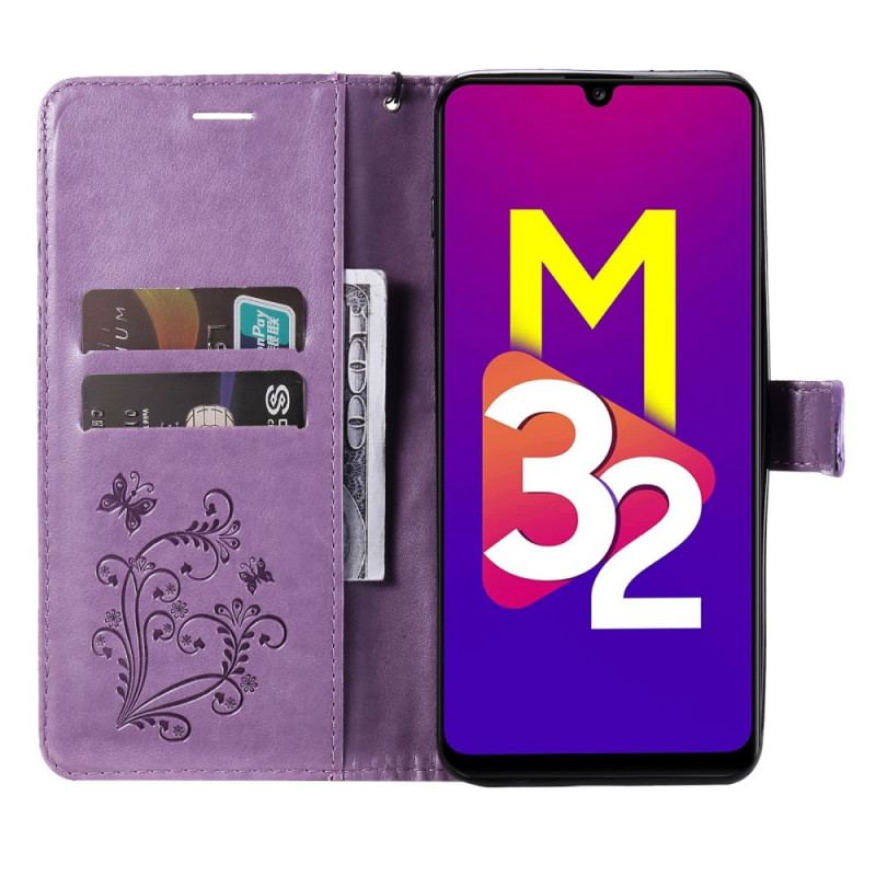 Flip Cover Samsung Galaxy M32 Med Snor Kæmpe Sommerfugle Med Rem