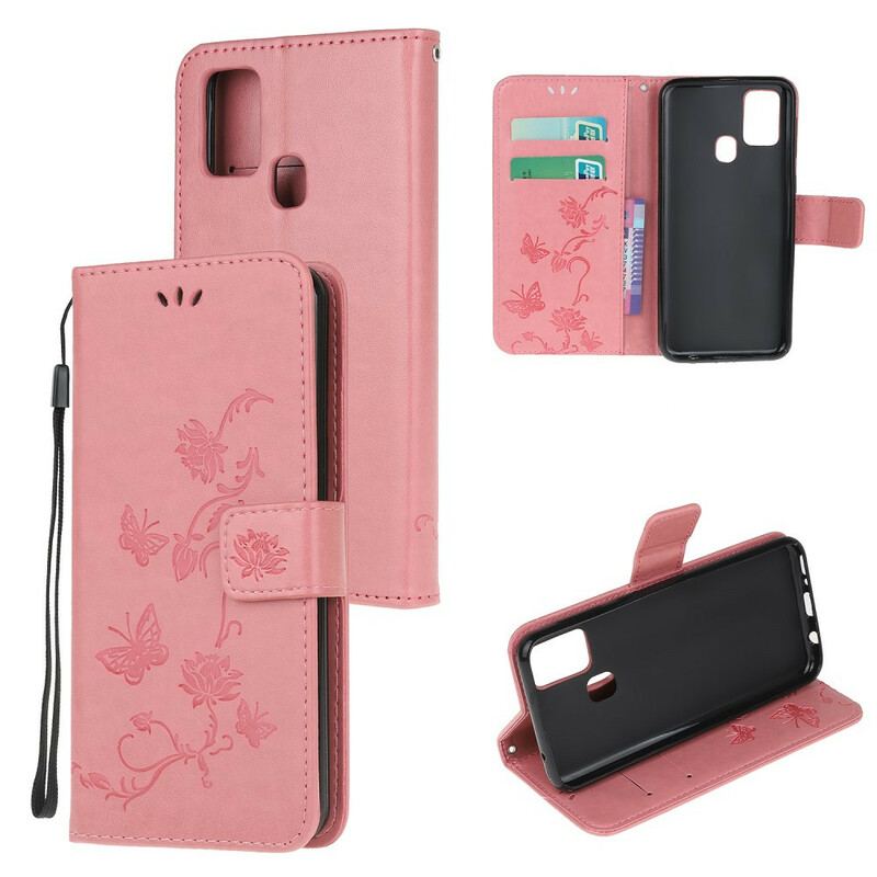 Flip Cover Samsung Galaxy M21 Med Snor Thong Sommerfugle Og Blomster