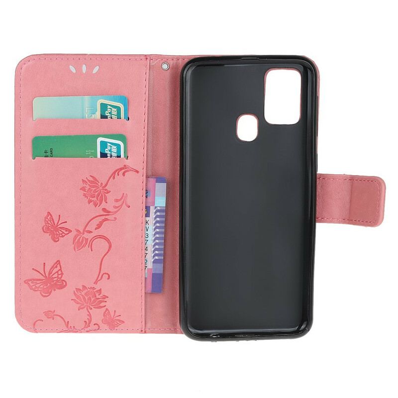 Flip Cover Samsung Galaxy M21 Med Snor Thong Sommerfugle Og Blomster