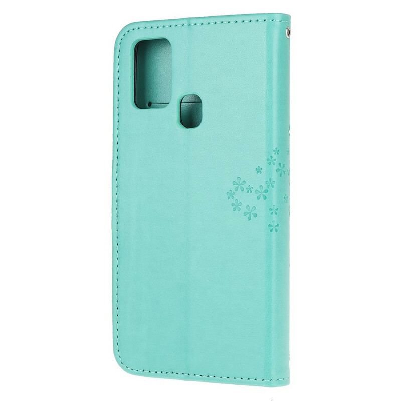 Flip Cover Samsung Galaxy M21 Med Snor Thong Træ Og Ugler