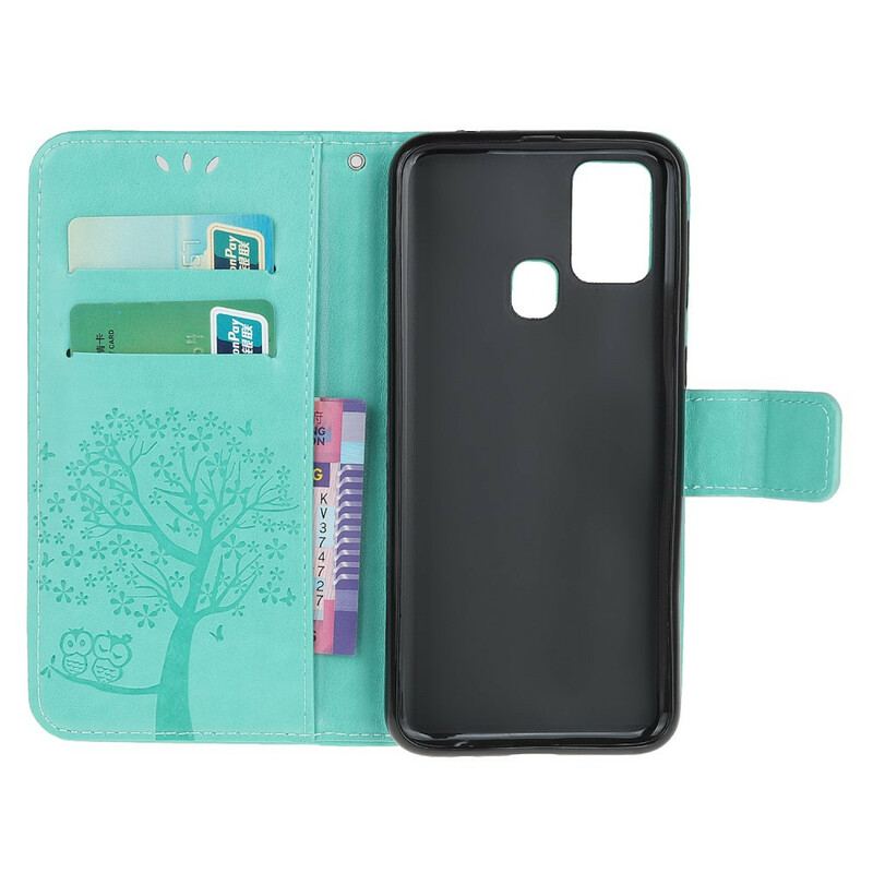 Flip Cover Samsung Galaxy M21 Med Snor Thong Træ Og Ugler