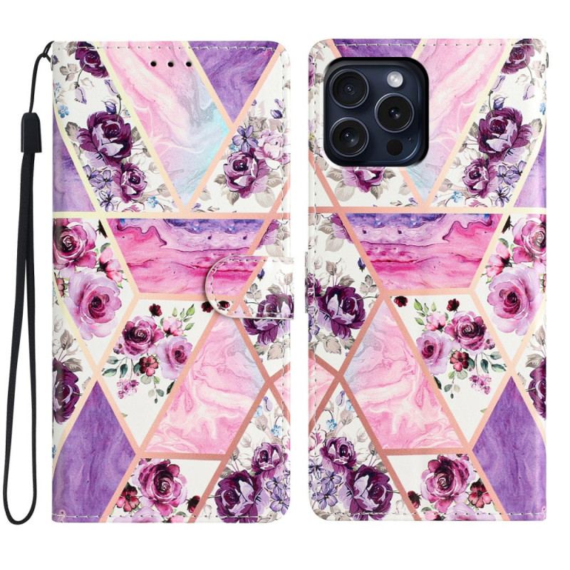 Flip Cover iPhone 16 Pro Lilla Blomster Med Rem