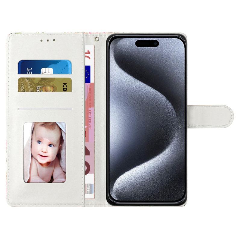 Flip Cover iPhone 16 Pro Lilla Blomster Med Rem