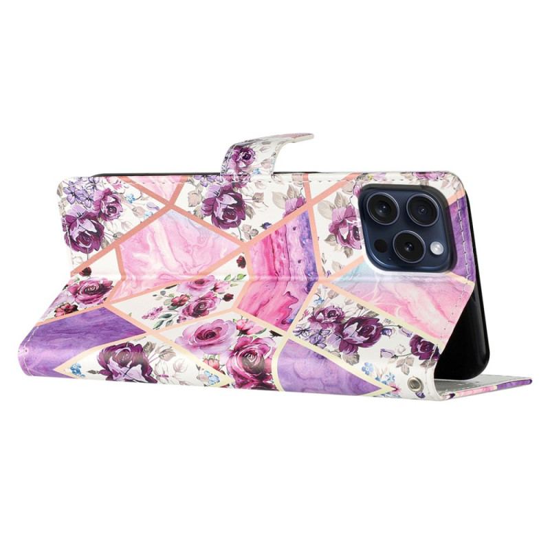 Flip Cover iPhone 16 Pro Lilla Blomster Med Rem