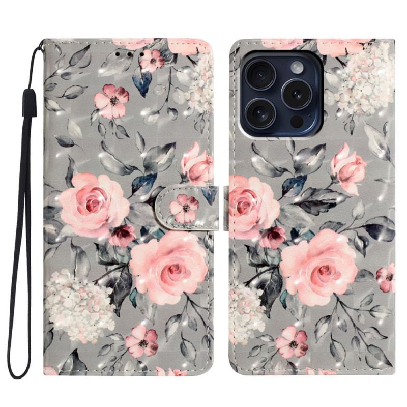 Flip Cover iPhone 16 Pro Lyserøde Blomster På Grå Baggrund Med Rem