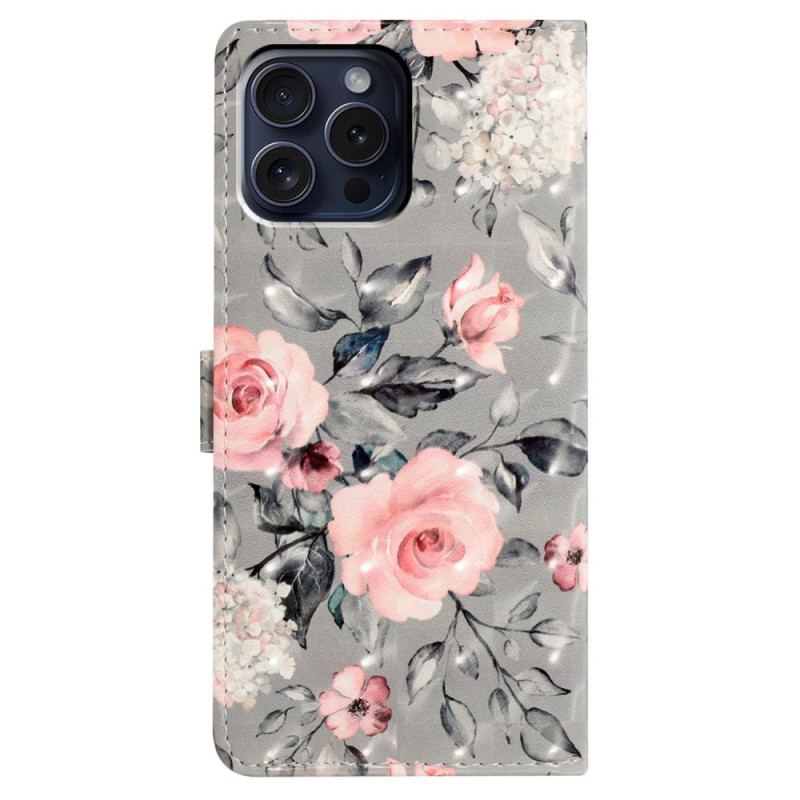 Flip Cover iPhone 16 Pro Lyserøde Blomster På Grå Baggrund Med Rem