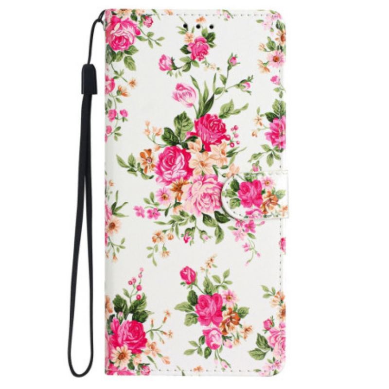 Flip Cover iPhone 16 Pro Røde Blomster Med Rem